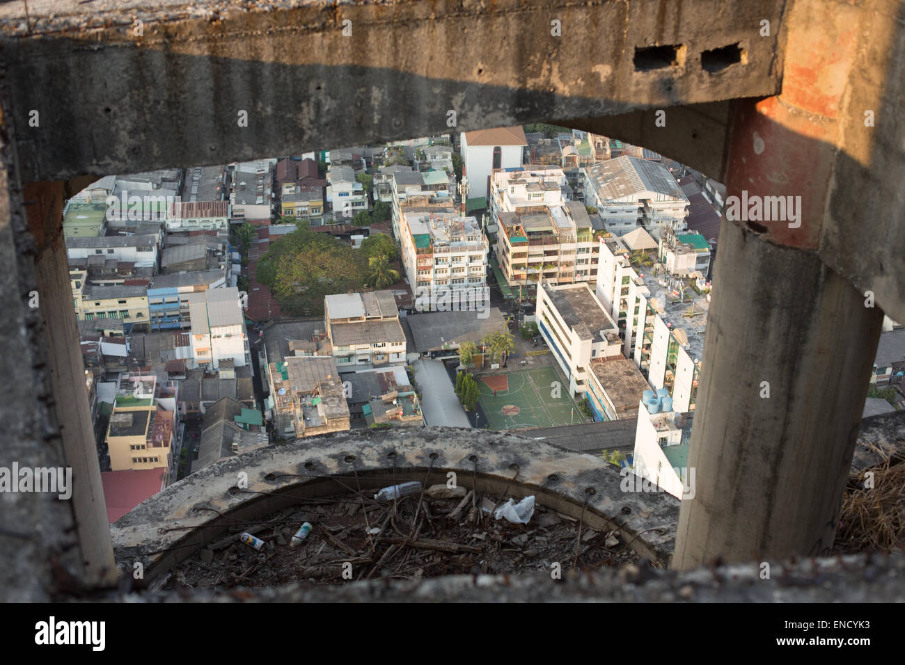 High Angle view from an abandoned building looking down towards rooftops, Bangkok, Thailand. Stock Photo