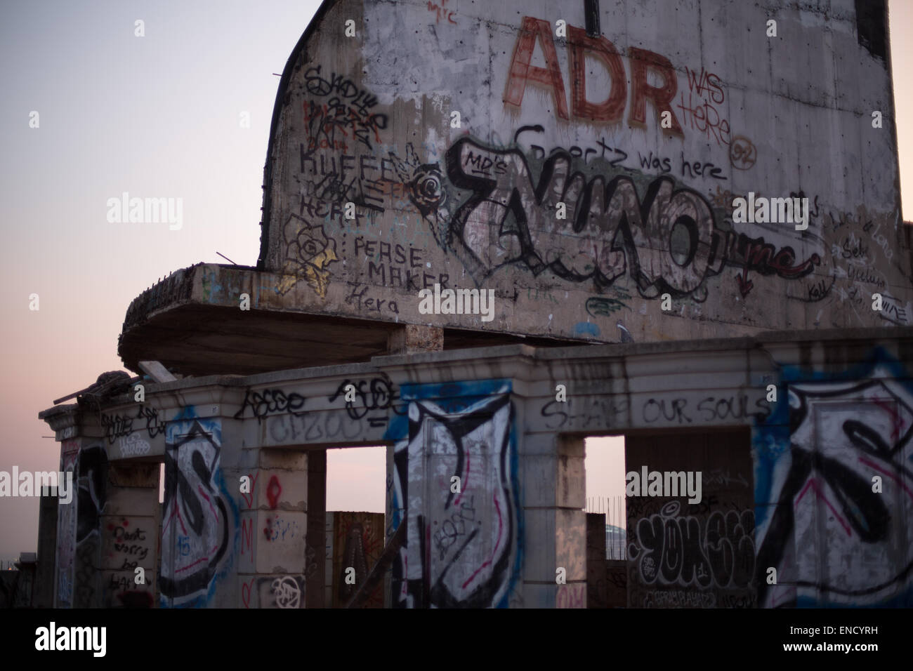 Graffiti covered structure of the abandoned Ghost Tower, Bangkok, Thailand. Stock Photo