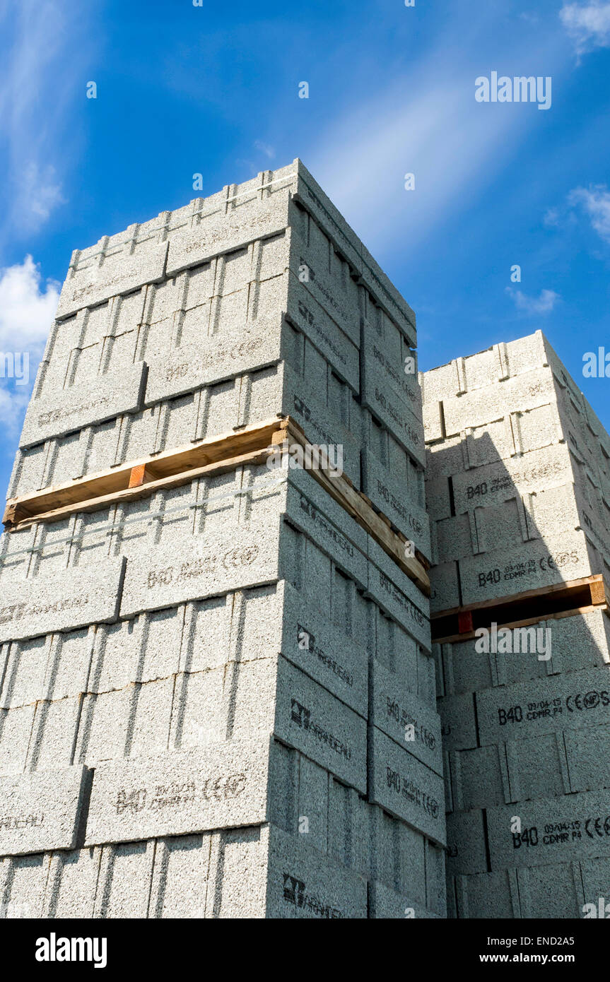 Stacked “Garandeau” breeze block building materials - France. Stock Photo