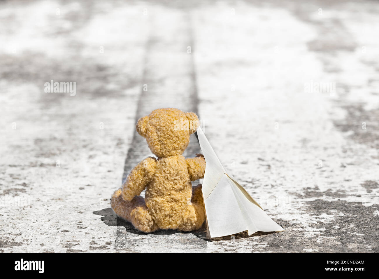 Little teddy bear is sitting at an asphalt runway with a paper plane on his arm Stock Photo