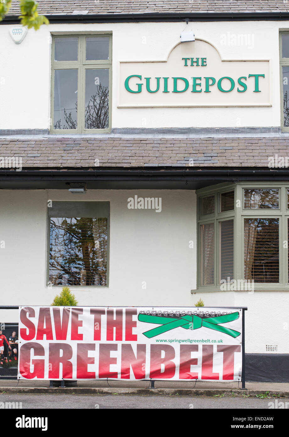 Save the Greenbelt sign outside pub, Springwell Village, north east England UK Stock Photo