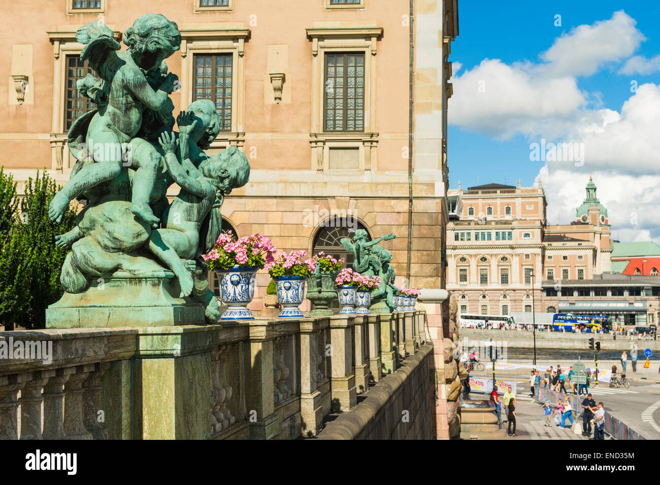 Terrace of the Royal Palace, Stockholm, Sweden.  Sculptures by Johan Axel Wetterlund. Stock Photo