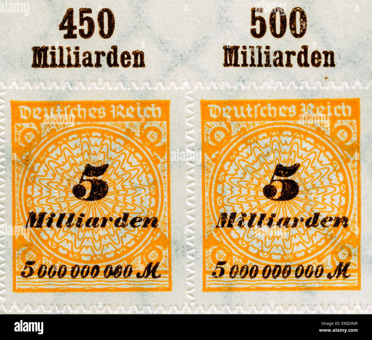 Unused pair of  1923 German 5,000,000,000 Mark “hyper-inflation” stamps - Germany. Stock Photo
