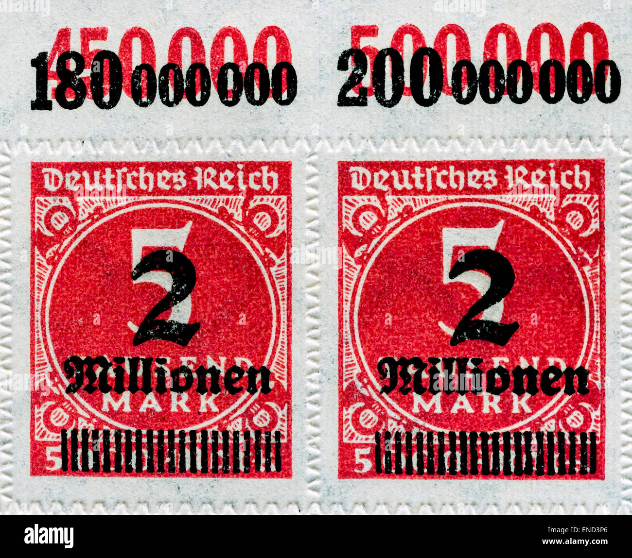 Unused pair of  1923 German 2,000,000 Mark overprinted “hyper-inflation” stamps - Germany. Stock Photo
