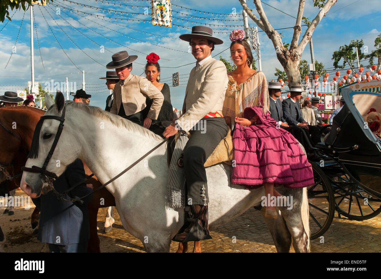 April Fair, People riding horses, Seville, Region of Andalusia, Spain, Europe Stock Photo
