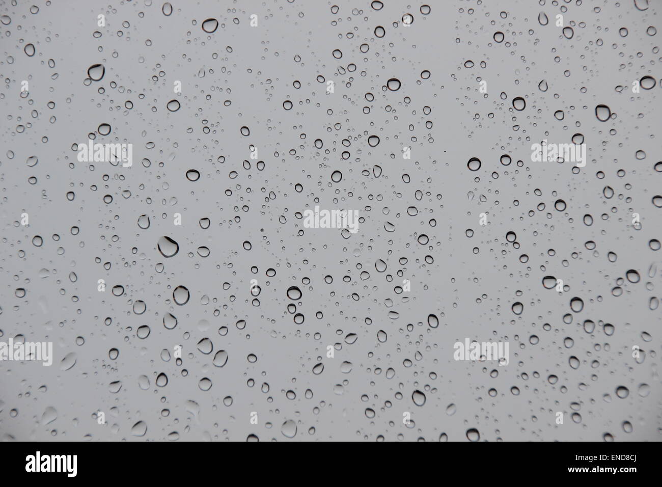 Raindrops on window with black stormy weather outside Stock Photo