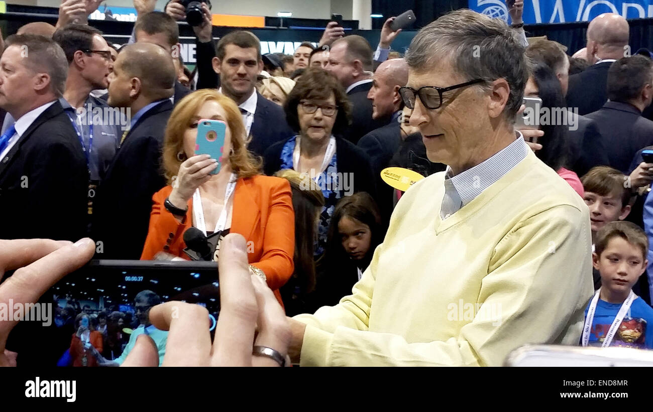Omaha, USA. 2nd May, 2015. Microsoft founder Bill Gates attends the annual shareholder's meeting of investment company Berkshire Hathaway at the Omaha Convention Center in Omaha, USA, 2 May 2015. Warren Buffett was celebrating 50 years at Berkshire Hathaway during the event. Photo: Kathrin Werner/dpa/Alamy Live News Stock Photo