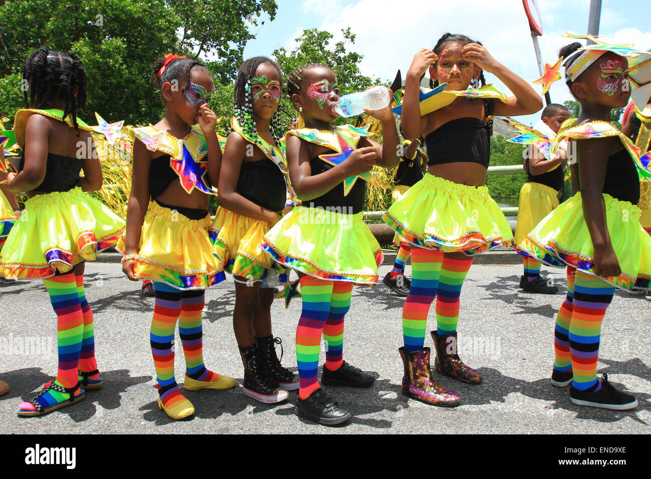 The Survivors junior troupe presented by Gebe portrays 'Shine You're a Star' during Carnival in St Maarten. Stock Photo