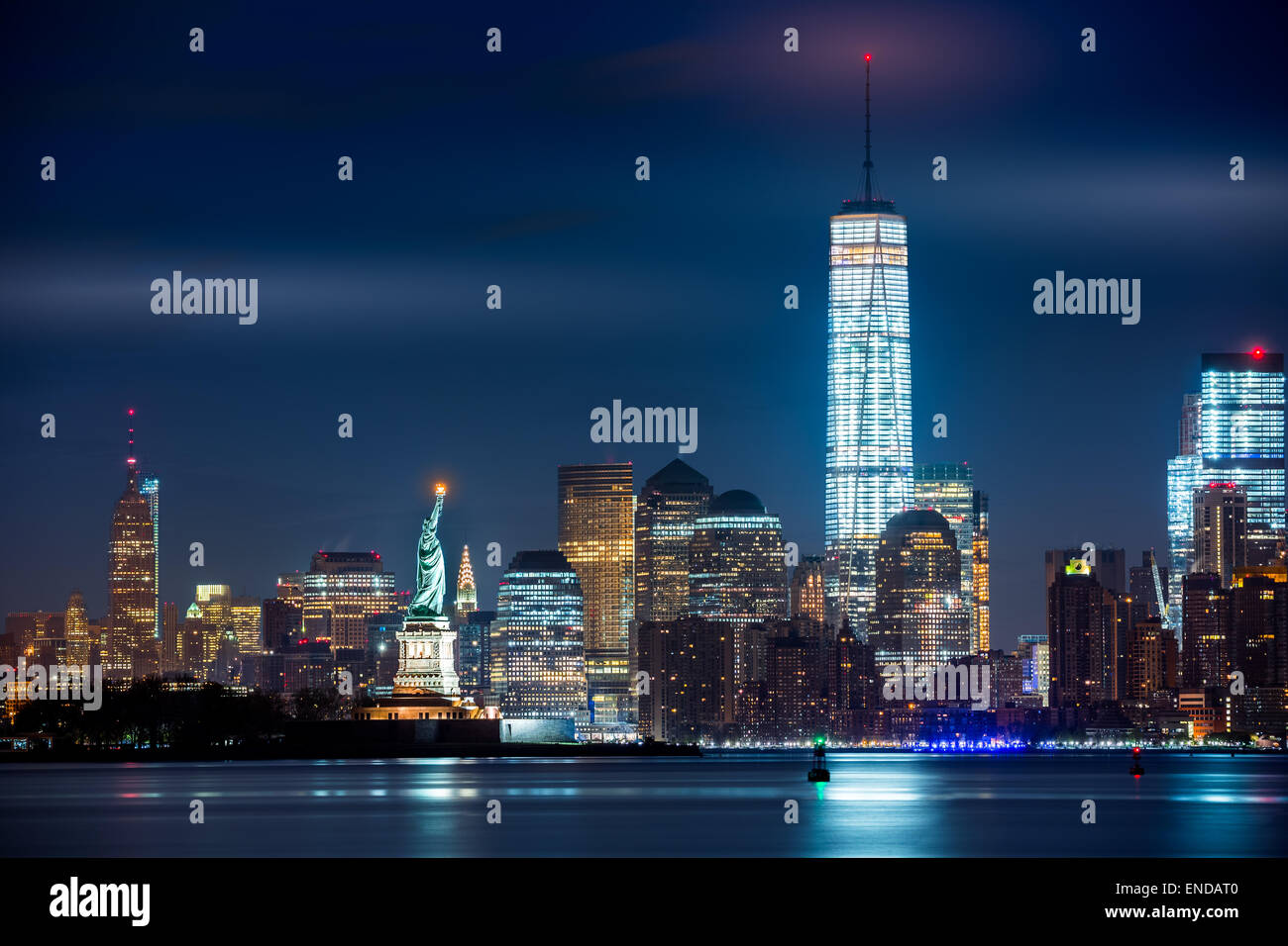 New York City and its three iconic landmarks: Statue of Liberty, Freedom Tower and Empire State Building Stock Photo