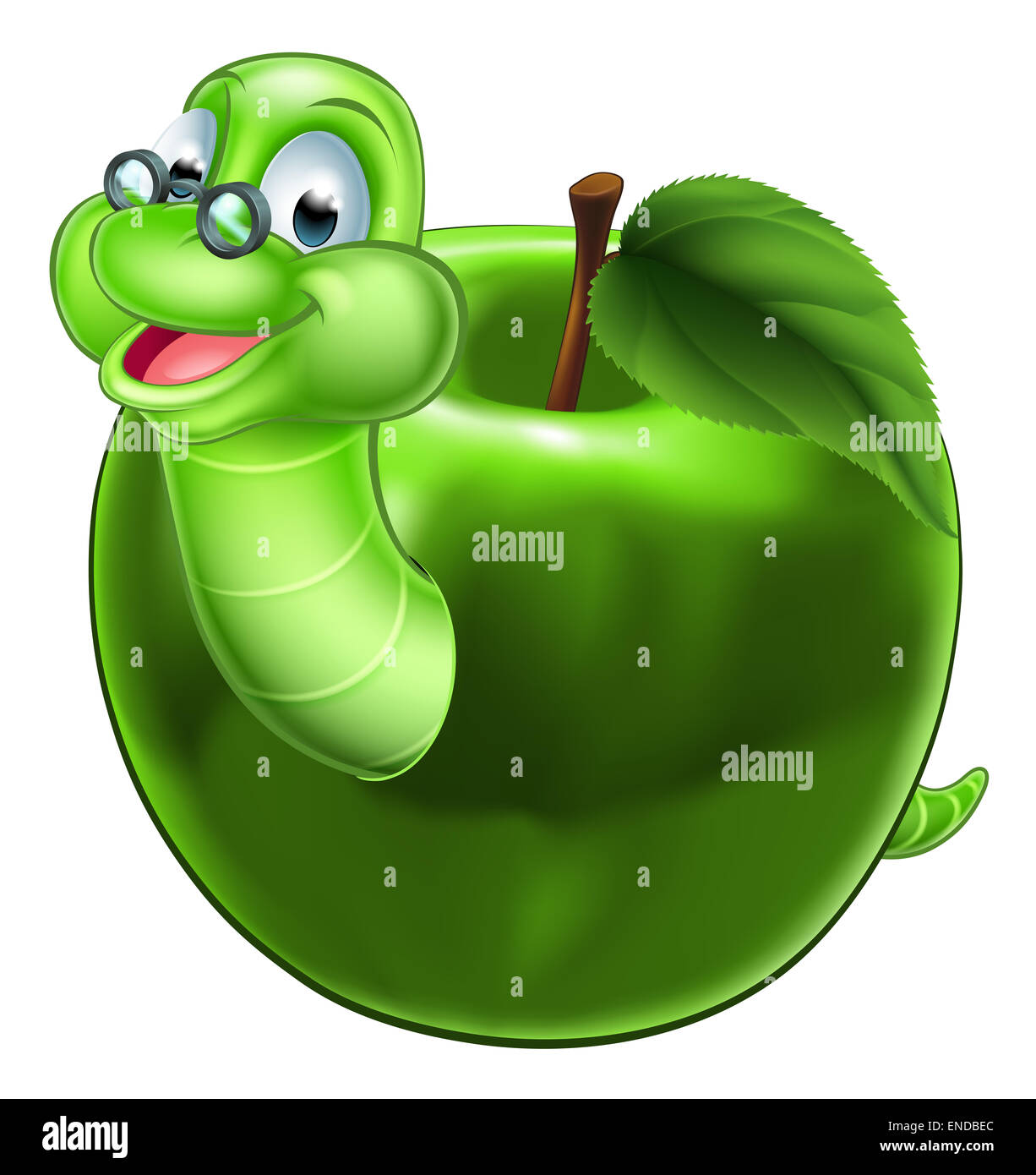 A happy cute cartoon caterpillar bookworm worm or caterpillar wearing glasses coming out of an apple Stock Photo