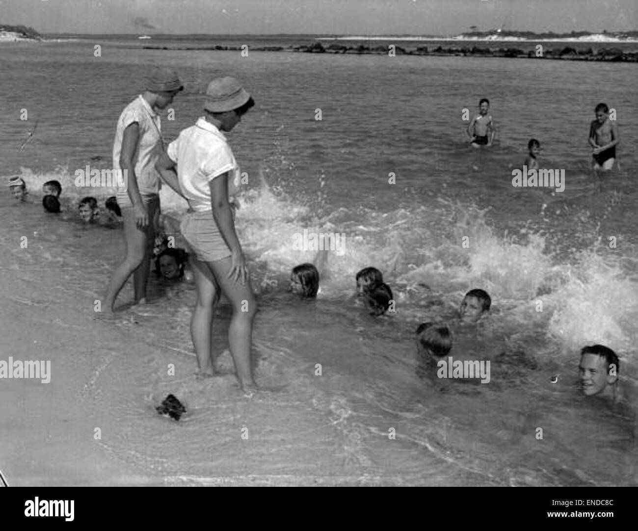 Campers taking swimming lessons at St Andrews State Park - Stock Photo