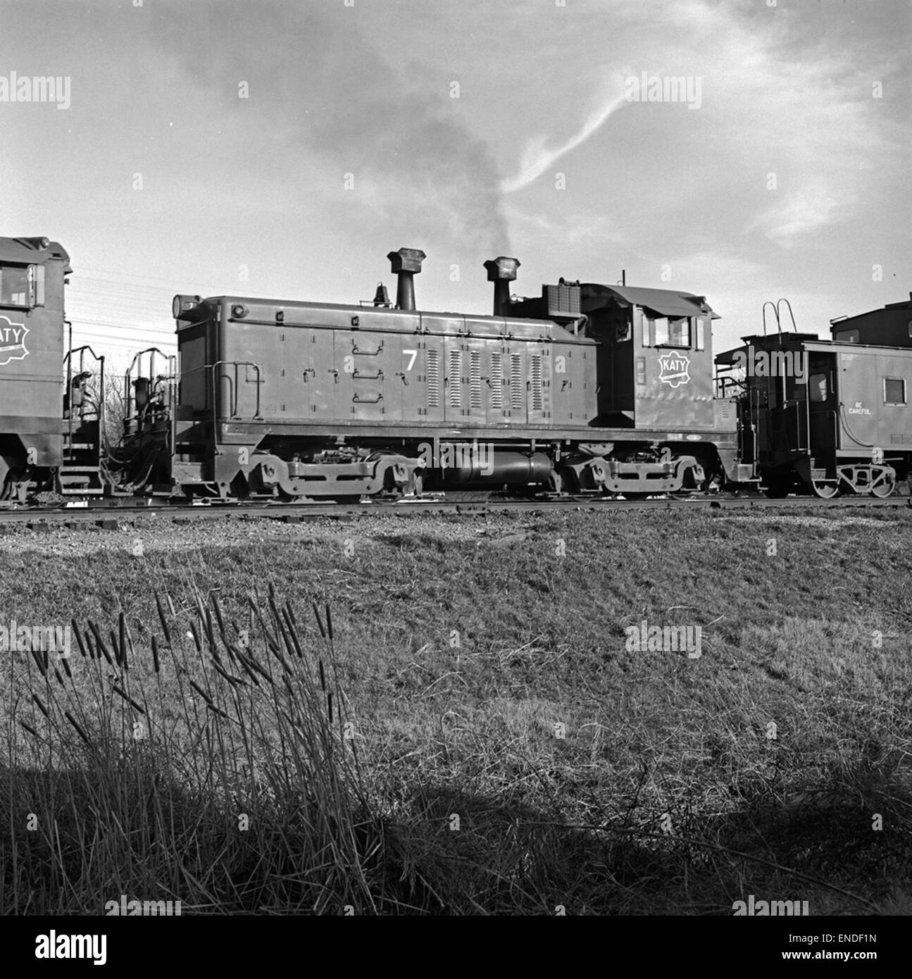 The Missouri-Kansas-Texas Railway Company’s Diesel Electric Switcher No. 7 is a powerful locomotive used for switching and shunting operations. The MKT Railway was an important transportation service in the mid-20th century for the central United States. Stock Photo