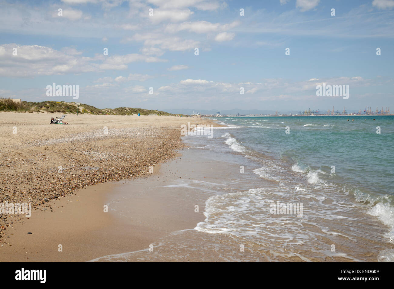 Beach at El Saler, with view towards Valencia, Valencia, Spain Stock Photo