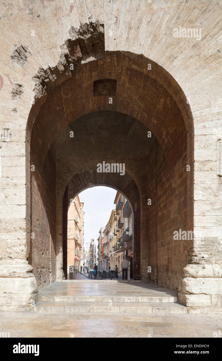 looking through the Torres de Quart to the Old Town, Valencia, Spain Stock Photo