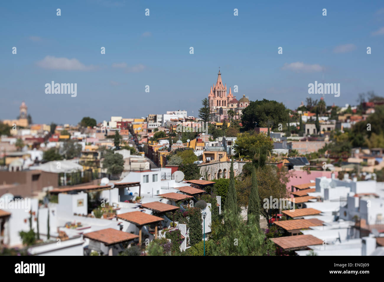 Scenic cityscape of San Miguel de Allende Mexico showing La Parroquia Stock Photo