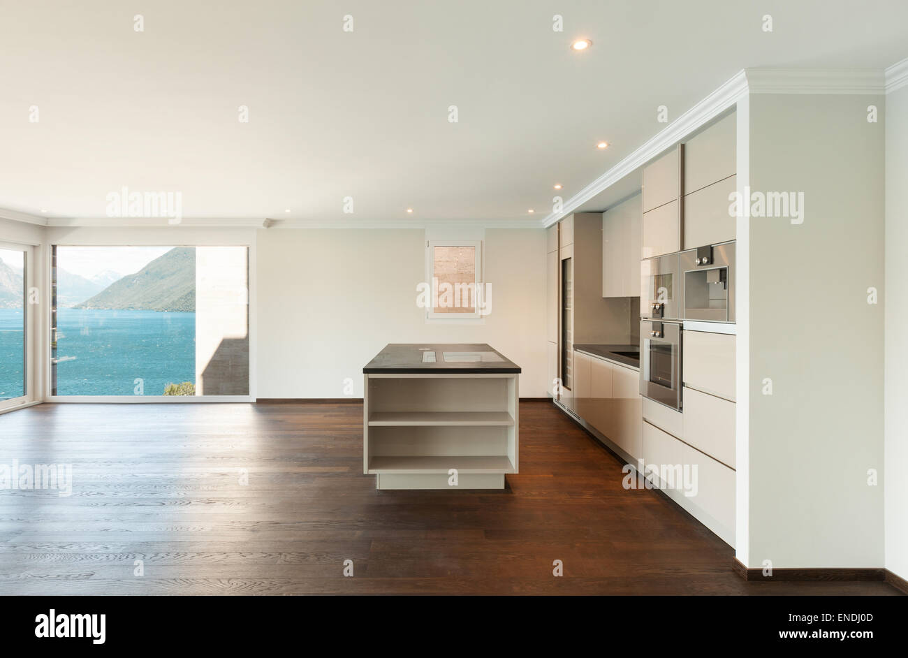 beautiful modern house, wide kitchen with window overlooking the lake ...
