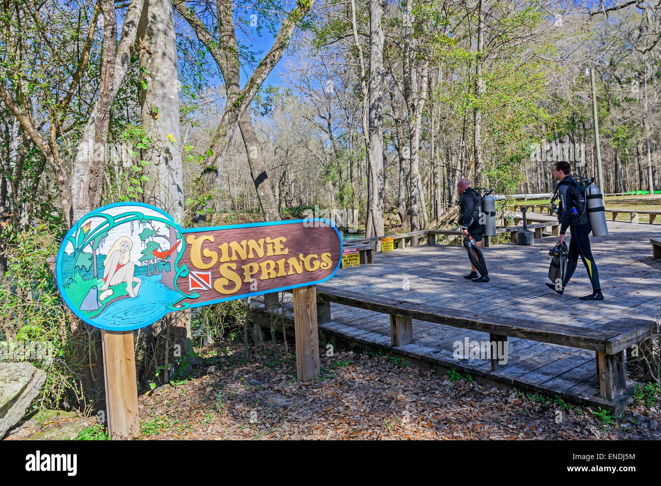 Entrance sign and scuba diver on platform to Ginnie Spring, Ginnie