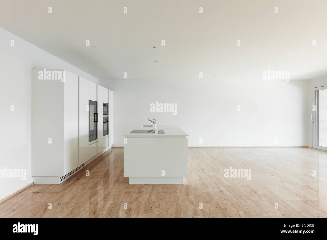 beautiful empty apartment, marble floor, modern kitchen Stock Photo