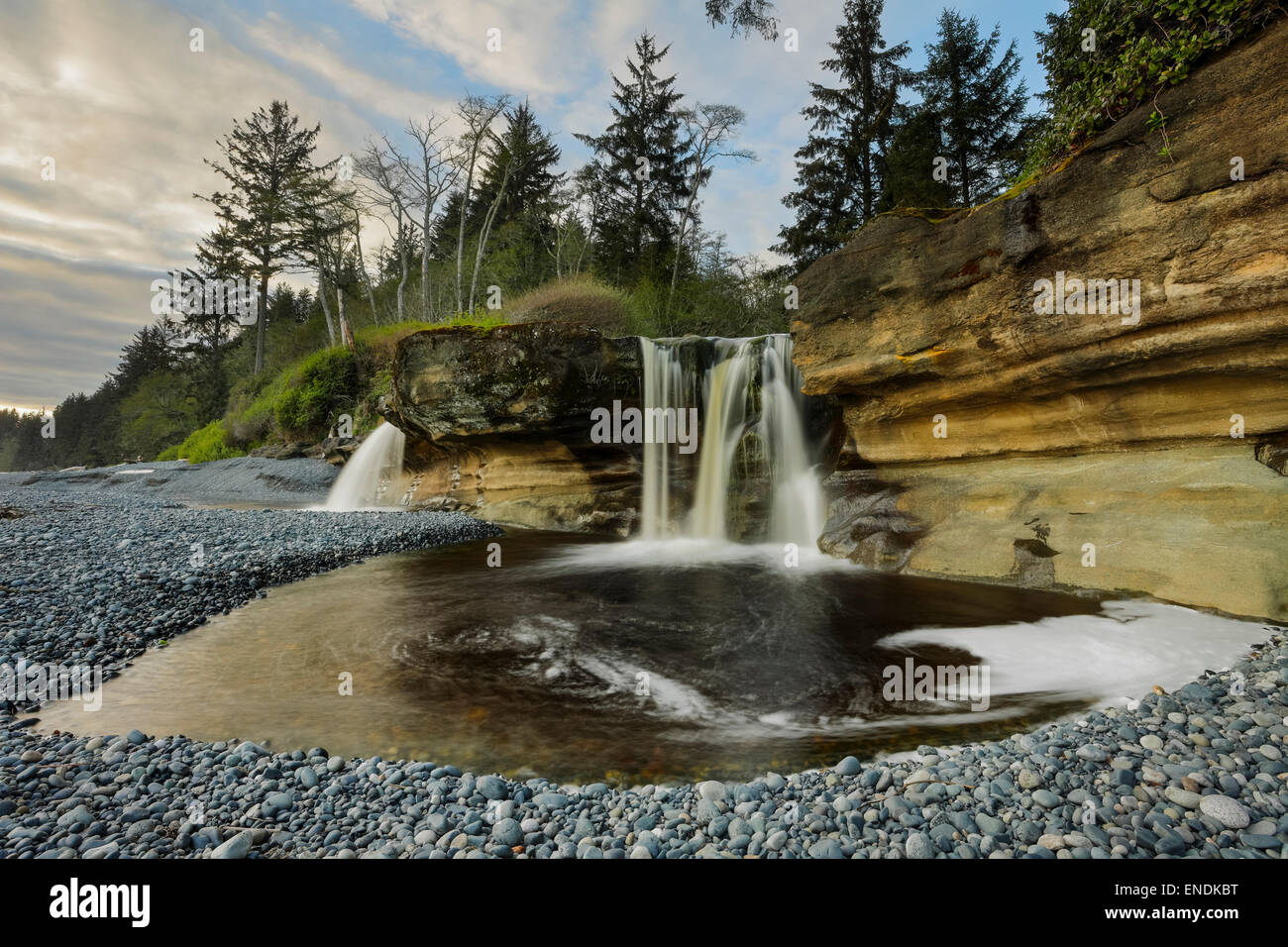 Sandcut Beach waterfall in Spring flowJordan River, British Columbia