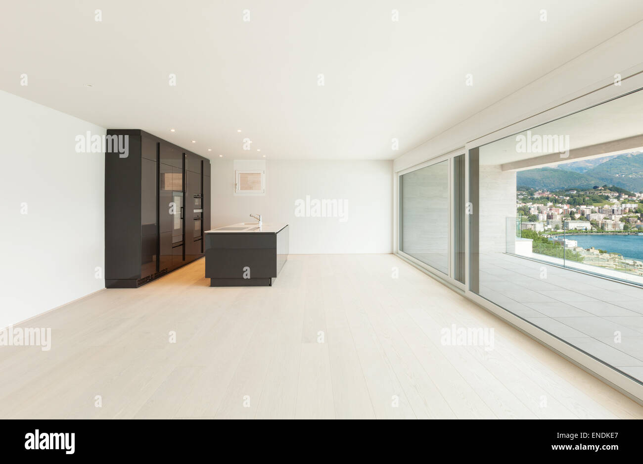 modern kitchen with window overlooking the lake Stock Photo - Alamy