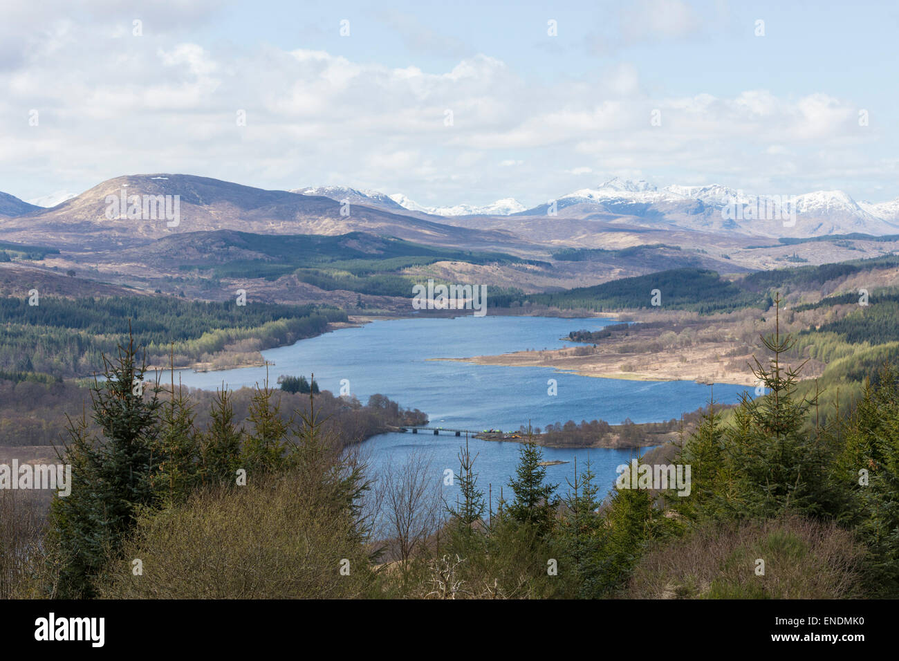 A view over Glen Garry in the Scottish Highlands with Loch Linnhe surrounded by fir trees and mountains Stock Photo