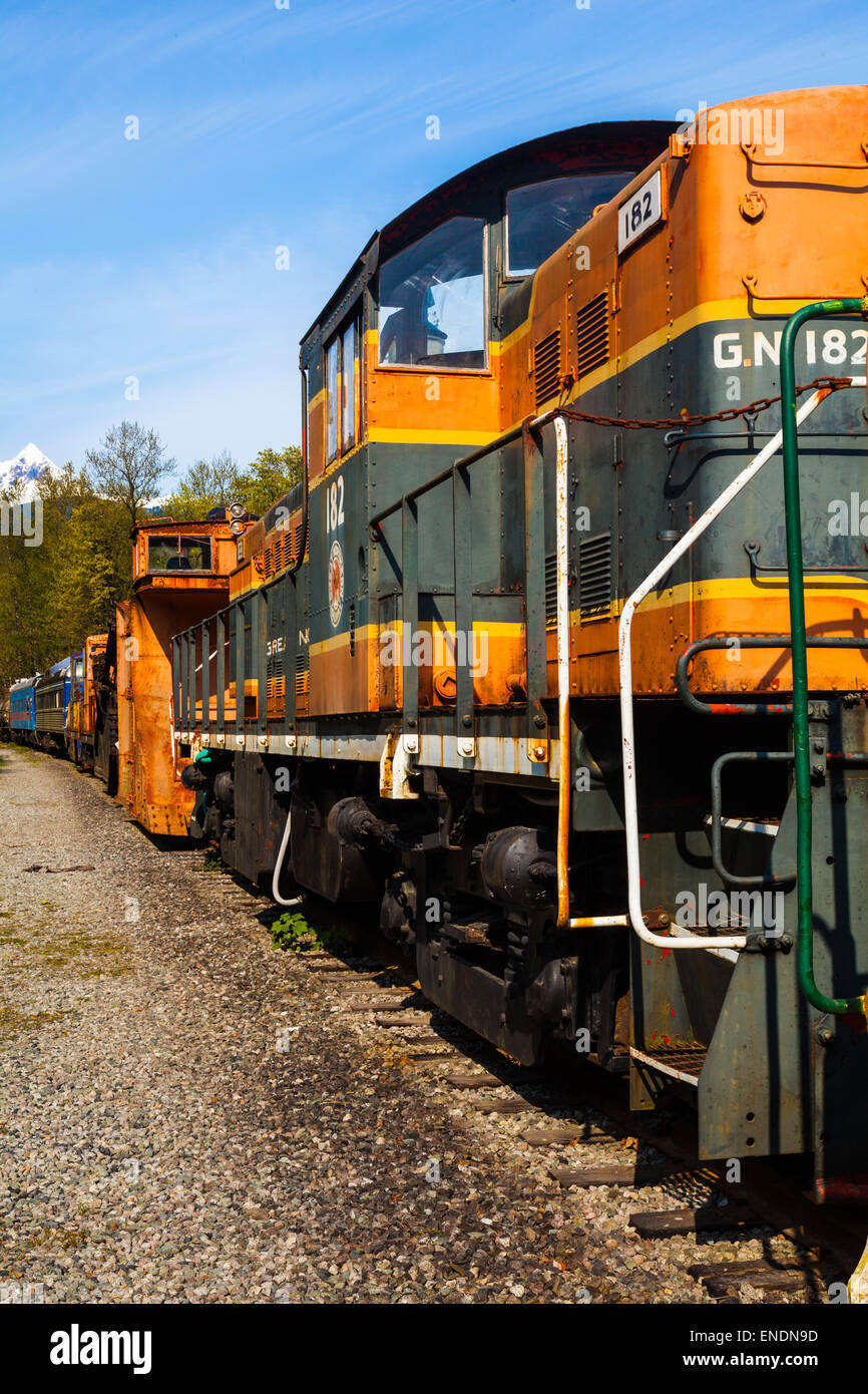 Various locomotives and rail cars parked on a siding at the Squamish Railway Museum near Vancouver Stock Photo