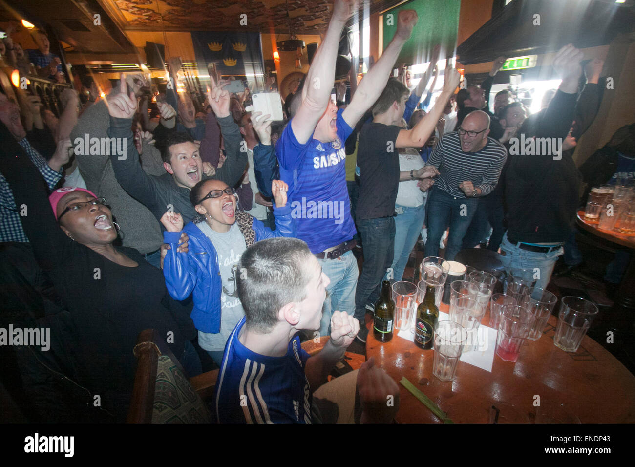 London UK. 3rd May 2015. Chelsea football supporters celebrate at Stamford Bridge after their team Chelsea FC won the English premier League by beating Crystal Palace Credit:  amer ghazzal/Alamy Live News Stock Photo