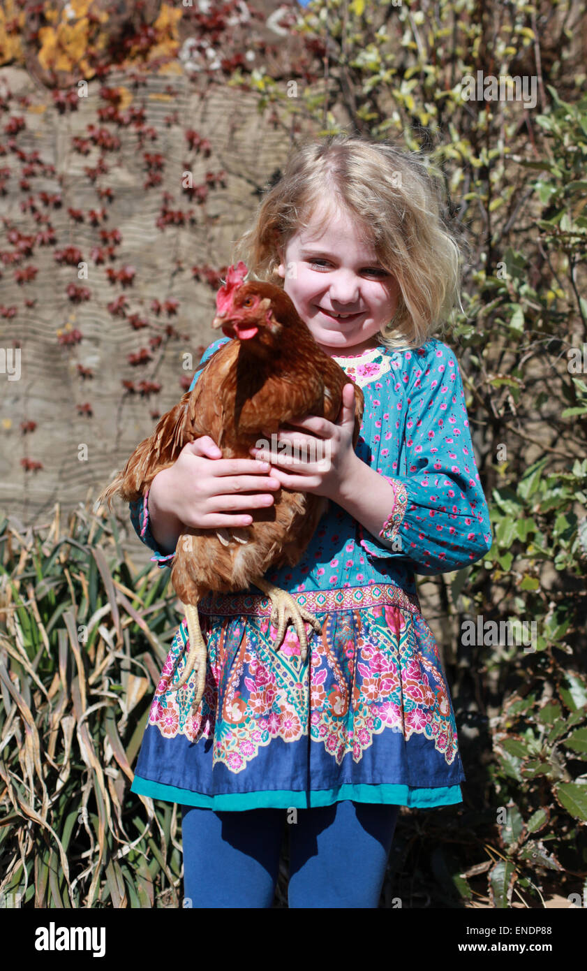 Pretty blonde haired girl holding a brown hen Stock Photo