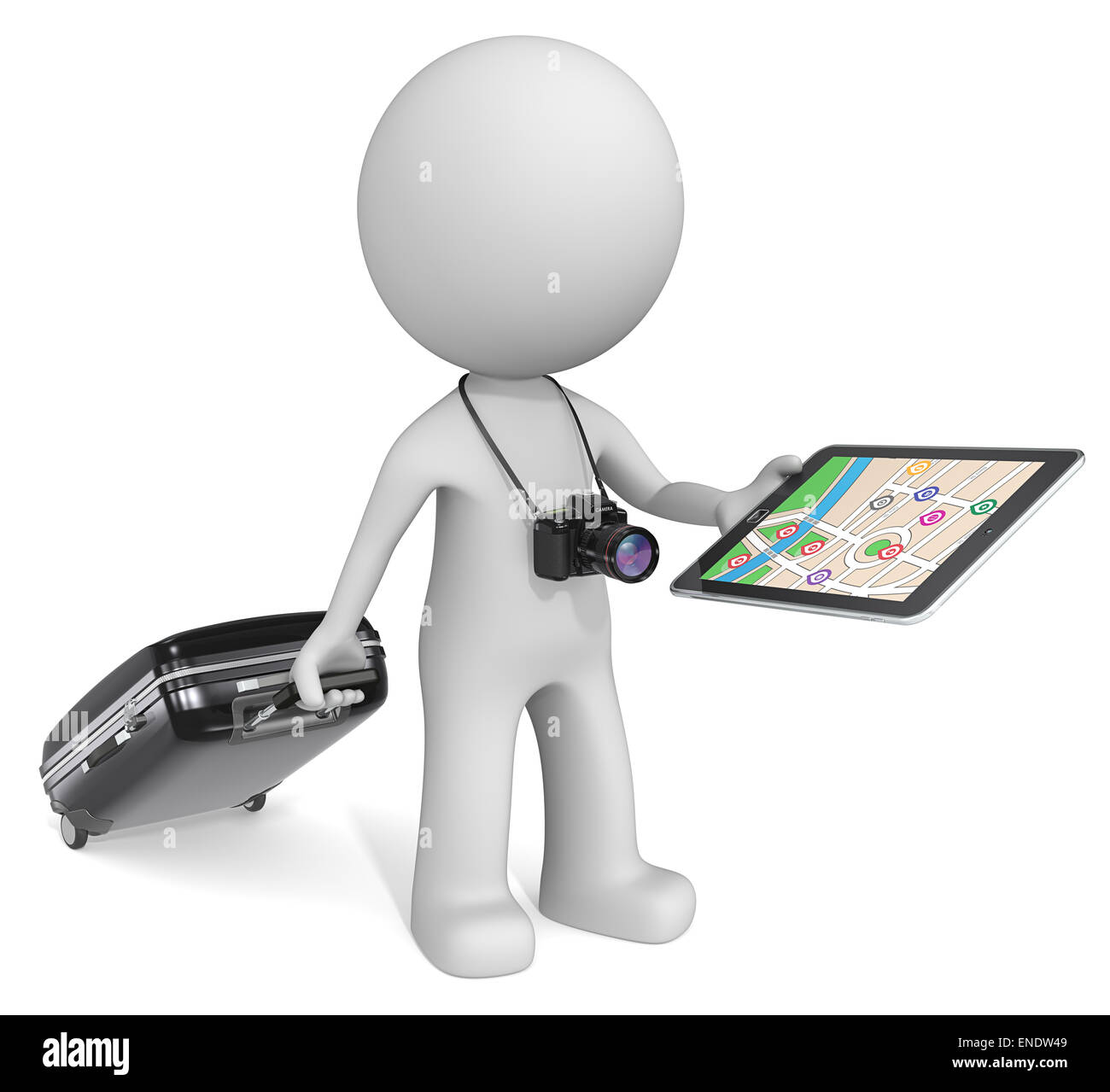 The dude 3D character with camera holding suitcase, tablet computer GPS. Stock Photo