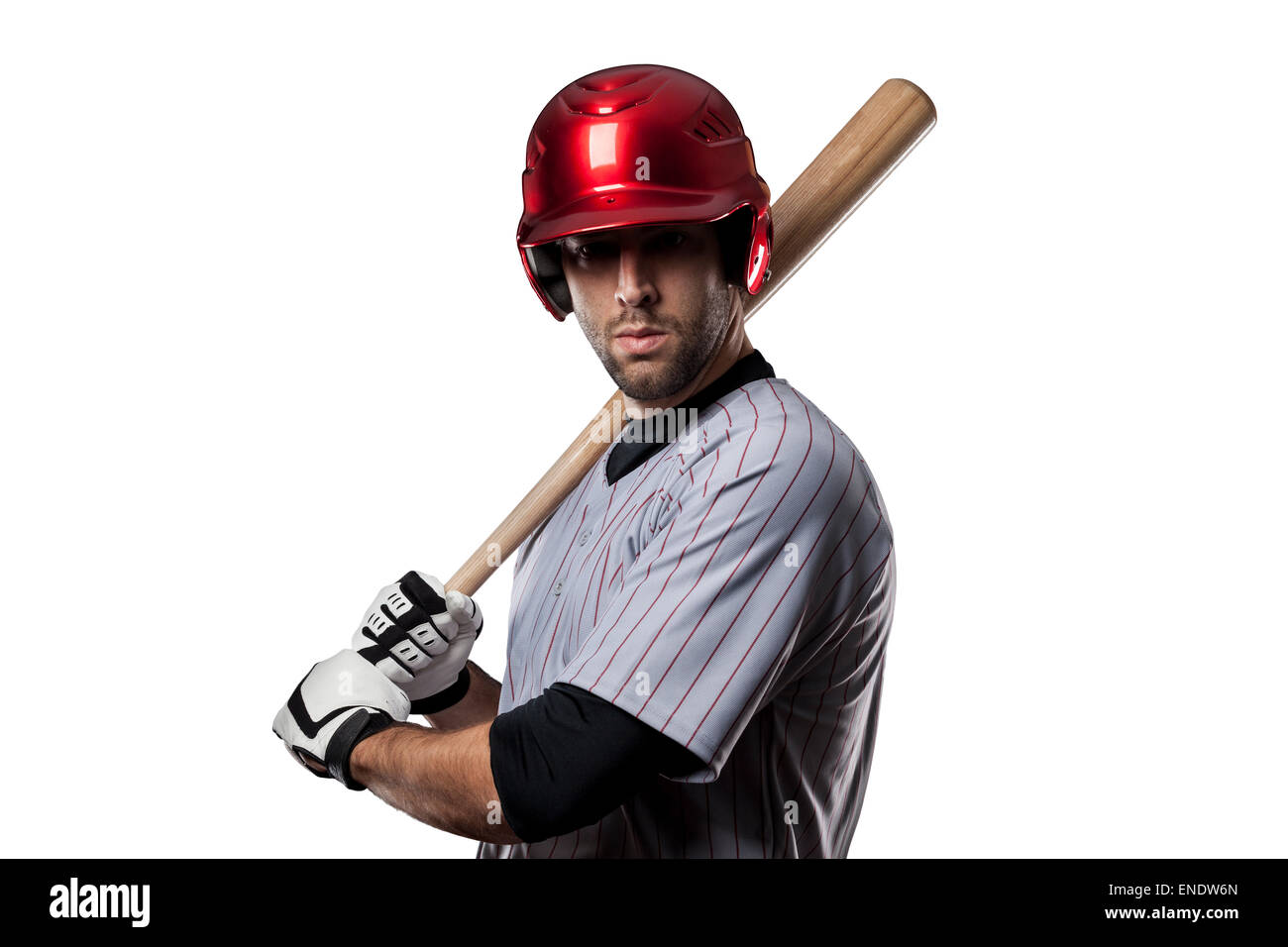Baseball Player in red uniform, on a white background Stock Photo - Alamy
