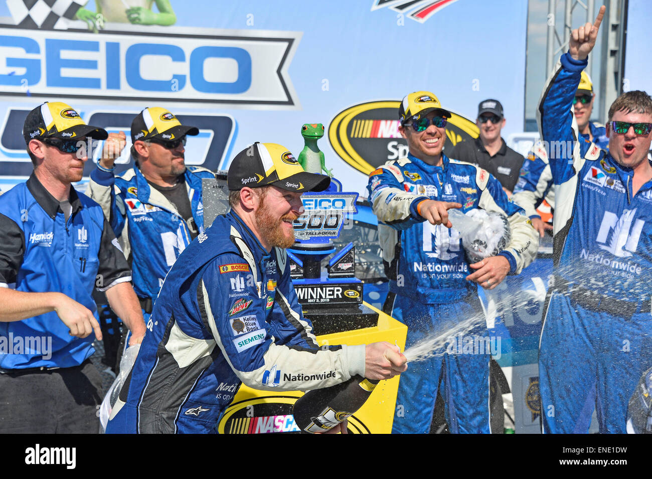 Talladega, AL, USA. 3rd May, 2015. Talladega, AL - May 03, 2015: Dale Earnhardt Jr. (88) celebrates his victory by spraying champagne on his team mates of the GEICO 500 in victory lane at Talladega Superspeedway in Talladega, AL. Credit:  csm/Alamy Live News Stock Photo