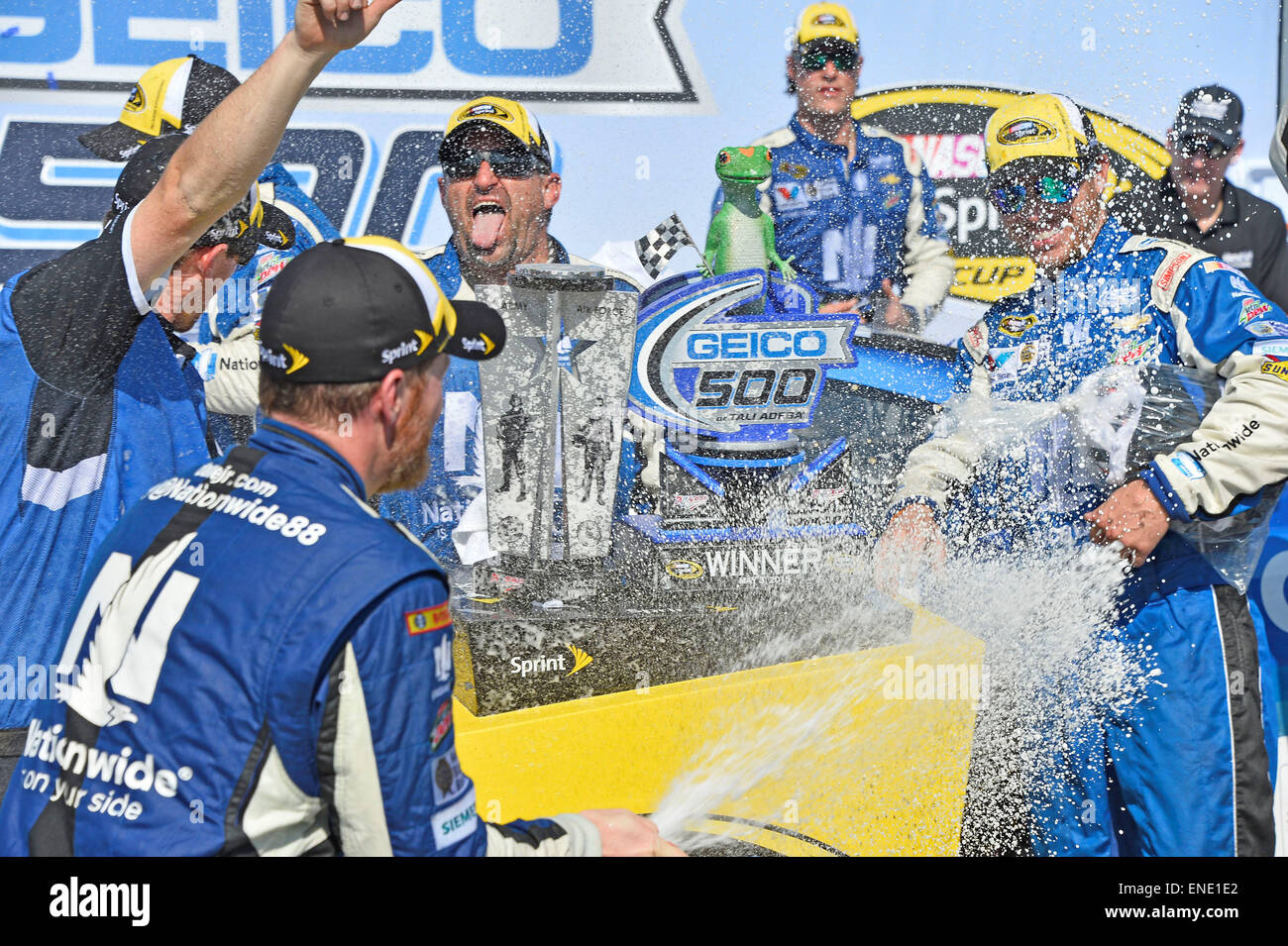 Talladega, AL, USA. 3rd May, 2015. Talladega, AL - May 03, 2015: Dale Earnhardt Jr. (88) celebrates his victory by spraying champagne on his team mates of the GEICO 500 in victory lane at Talladega Superspeedway in Talladega, AL. Credit:  csm/Alamy Live News Stock Photo