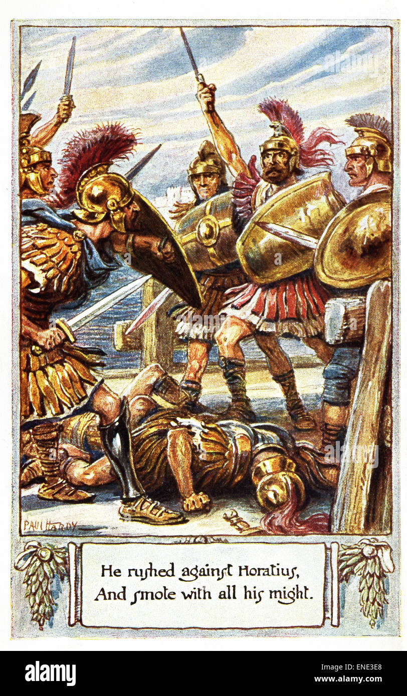 The ancient Romans told how in 507 B.C., just months after they had driven out the Etruscans as rulers and formed the republic, the former king Tarquinius Superbus and his son Sextus (pictured here), aided by the Etruscan chieftain Lars Porsenna, sought to regain Rome. They marched out and were stopped at the Pons Sublicius, the bridge entrance to Rome, by Horatius and two companions while the Romans cut down the bridge. This illustration is from an 1864 copy of Macaulay's Lays of Ancient Rome. The text here is form Macaulay and reads: He rushed against Horatius/And smote with all his might. Stock Photo