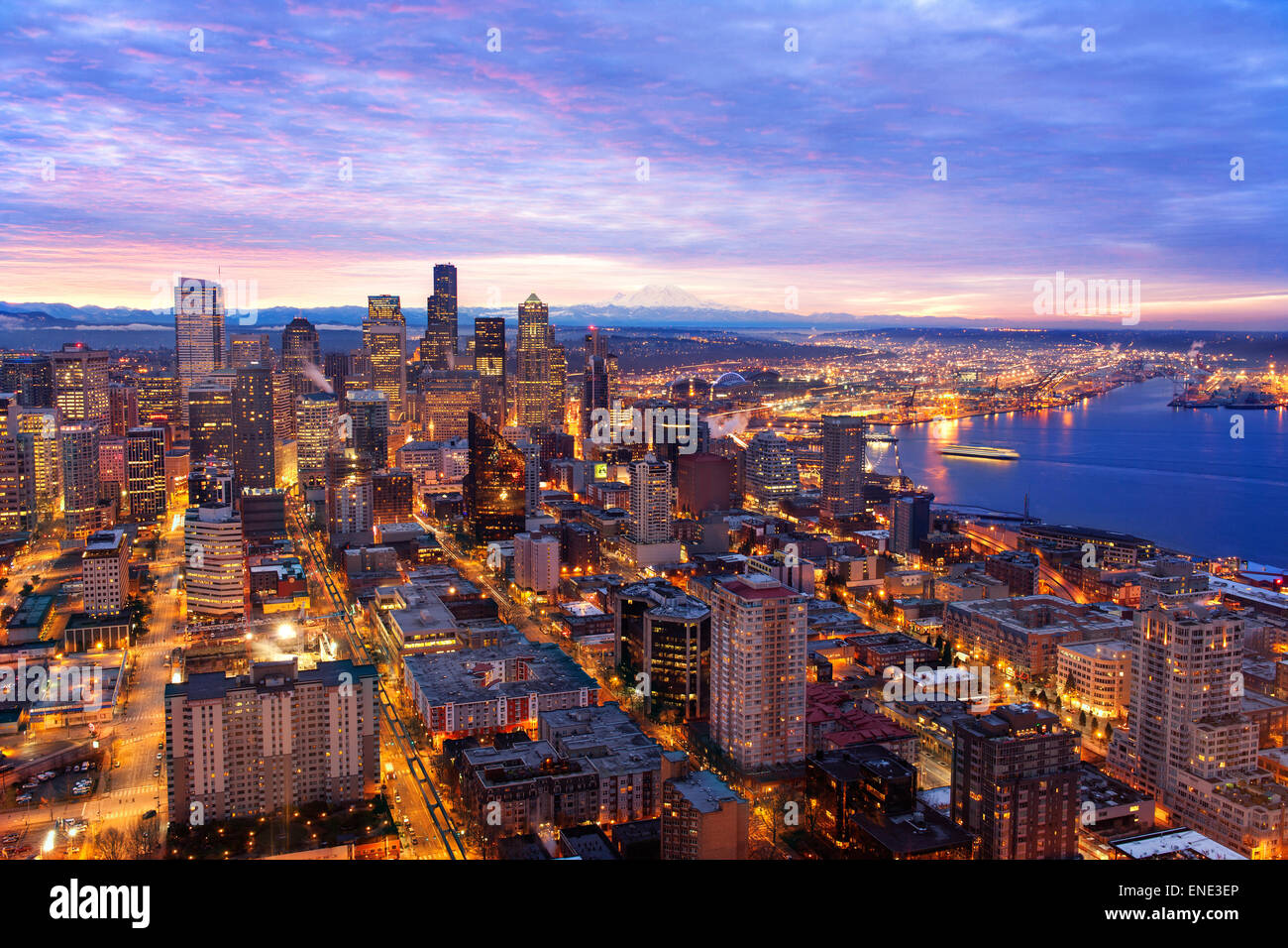 Seattle, Washington skyline at sunrise with clouds passing over the cityscape. Stock Photo