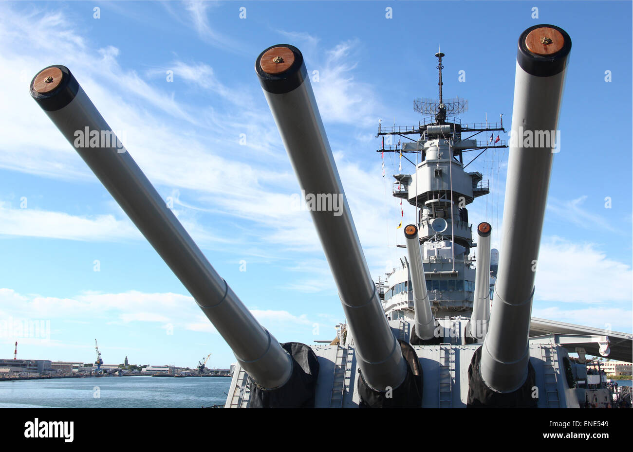 Five 16 inch guns similar to those used on US Navy warships in World War II and Korea. Stock Photo