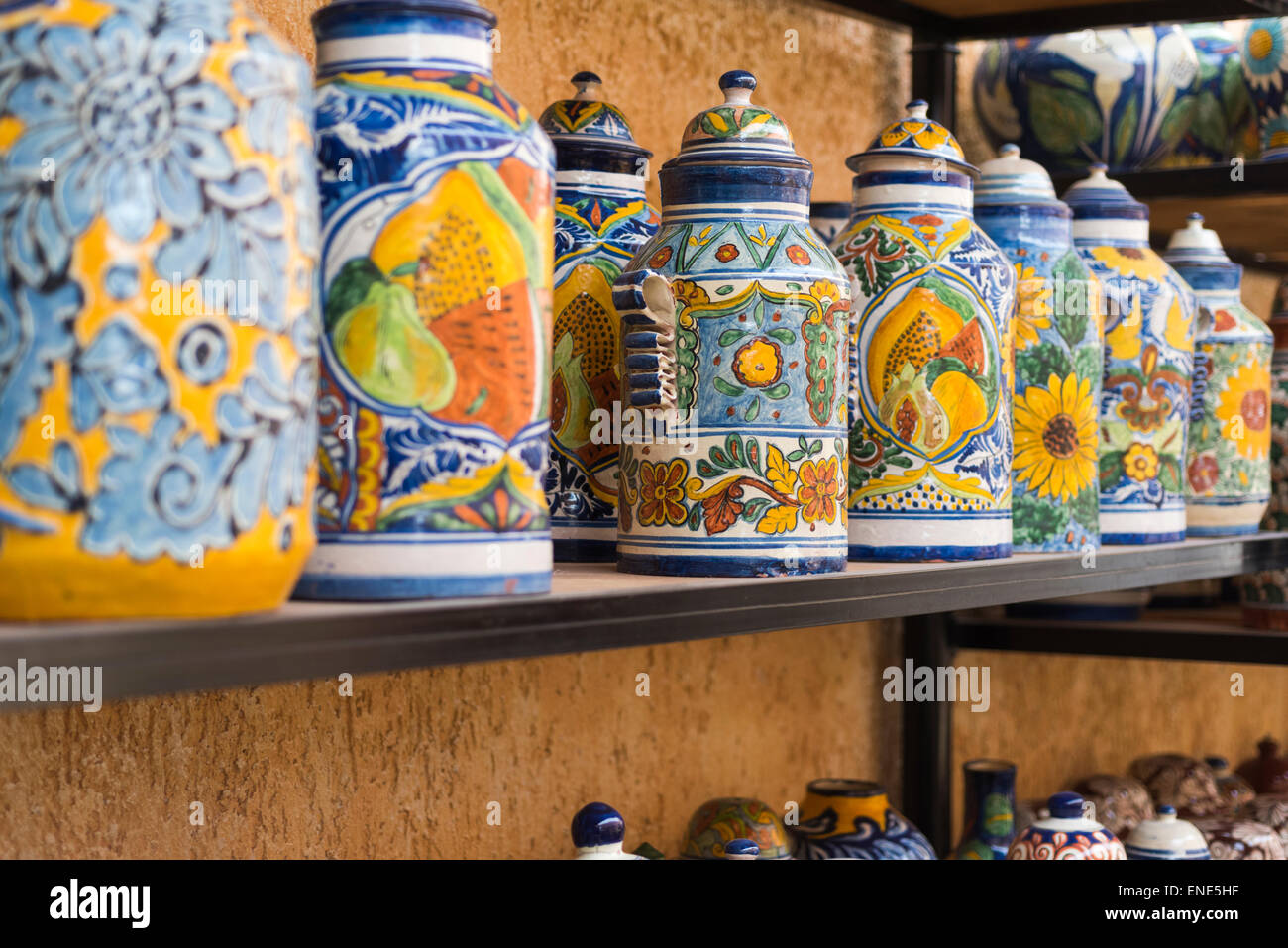 Urns and vases on display in Mexico pottery shop Stock Photo
