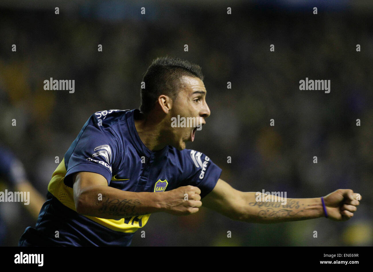 Buenos Aires, Argentina. 3rd May, 2015. Boca Juniors' Cristian Pavon celebrates during the 2015 Argentine first division against River Plate in the Diego J. Armando Stadium, Buenos Aires, capital of Argentina, May 3, 2015. Boca Juniors won 2-0. © Alberto Raggio/Xinhua/Alamy Live News Stock Photo