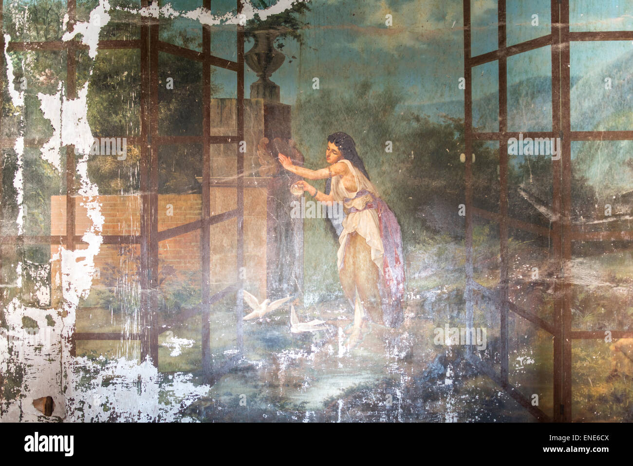 Fresco painting of woman and doves at ex-Hacienda Jaral de Berrio in Mexico Stock Photo