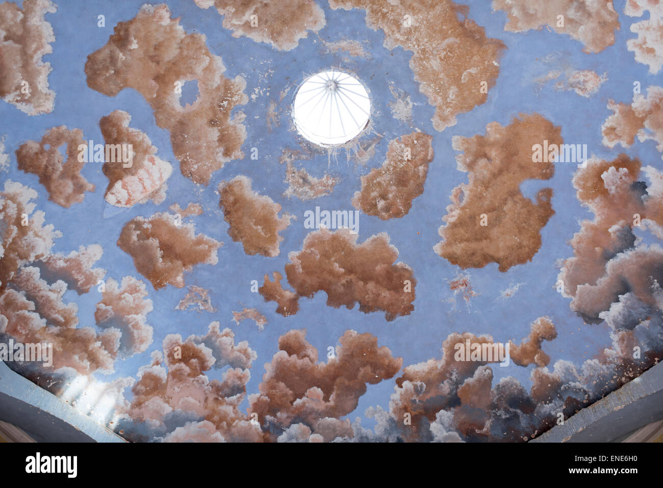 Ceiling fresco of blue sky and clouds at ex-Hacienda Jaral de Berrio in Mexico Stock Photo