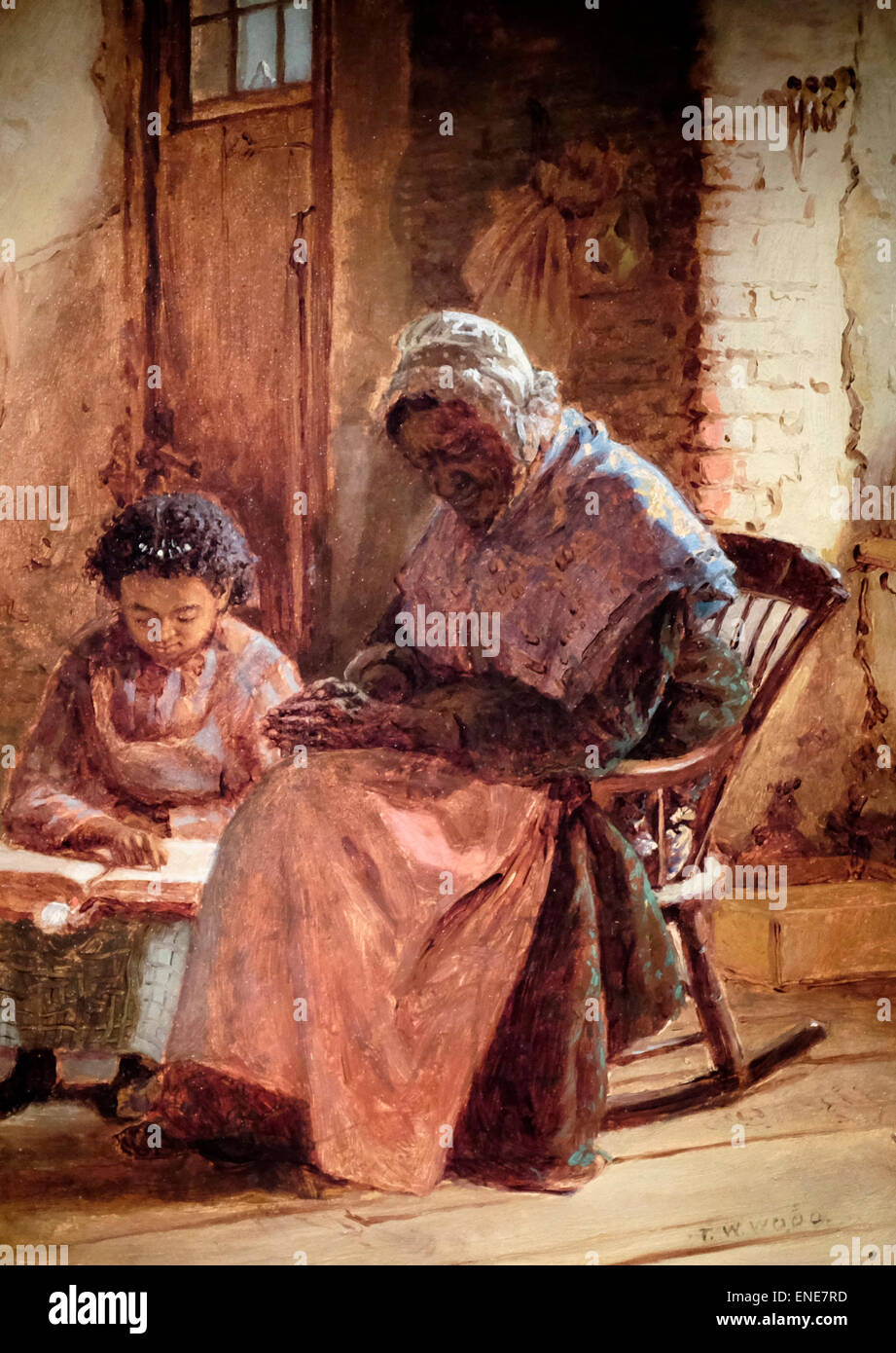 Sunday Morning  1877  Thomas Waterman Wood - African American girl reading Bible to her grandmother Stock Photo