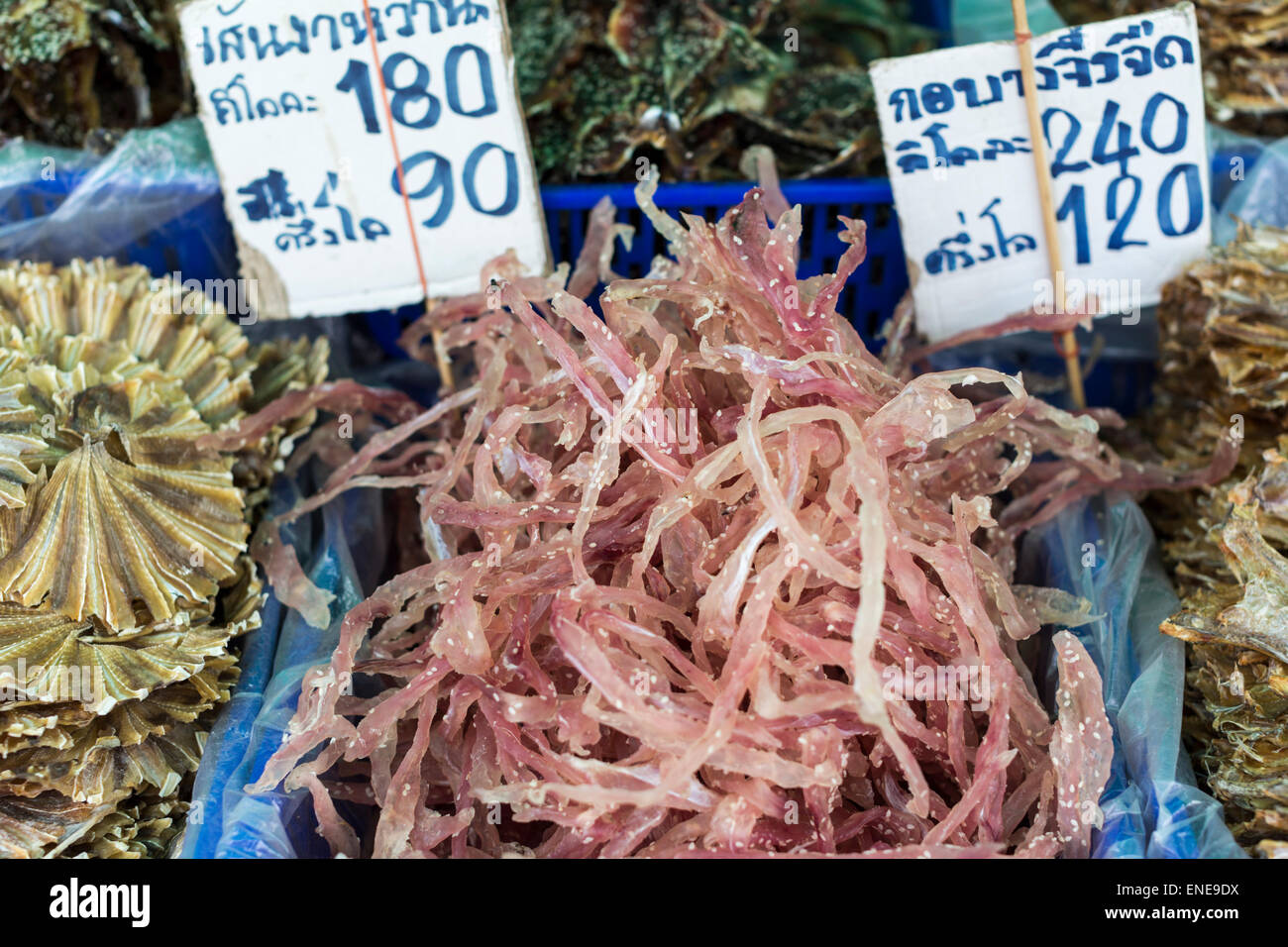 Dried seafood for sale in street market in Bangkok, Thailand, Asia Stock Photo
