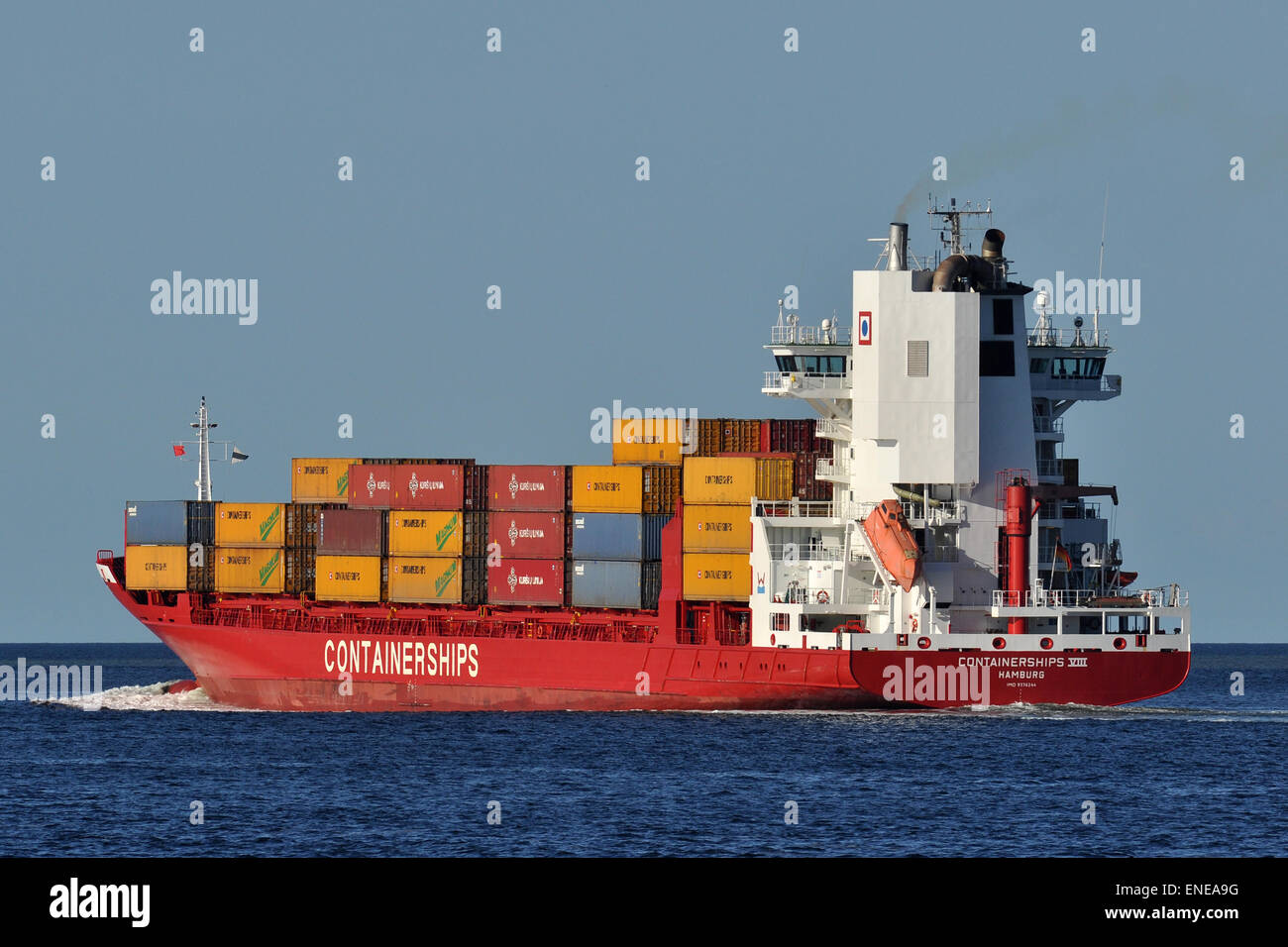 Feedervessel Containerships VIII outbound Kiel. Now equipped with a scrubber. Stock Photo