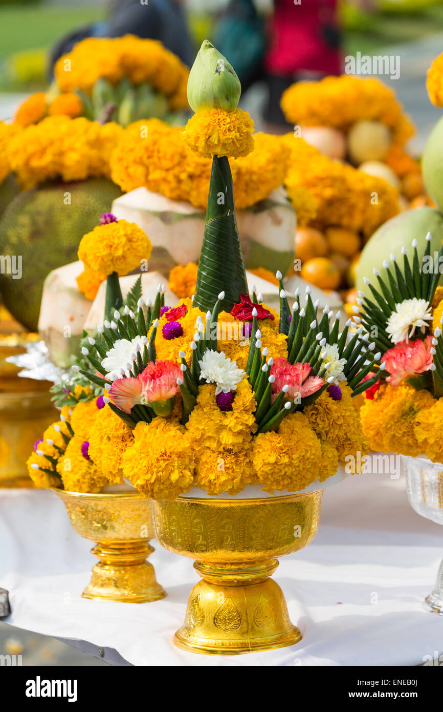 Fruit and flower arrangements for New Year's celebration, Wat Arun
