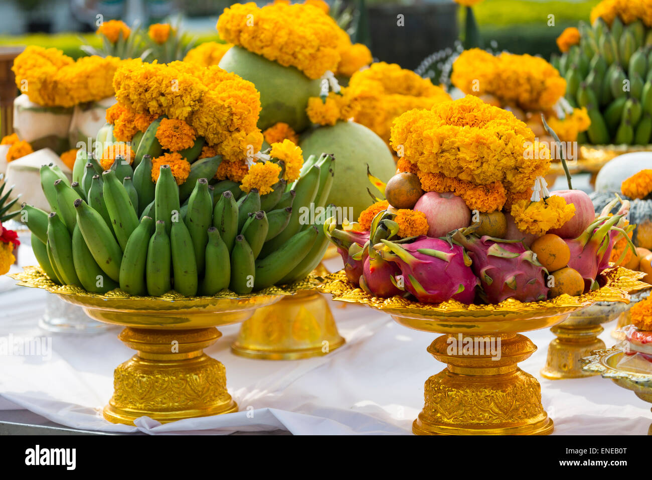 Fruit and flower arrangements for New Year's celebration, Wat Arun