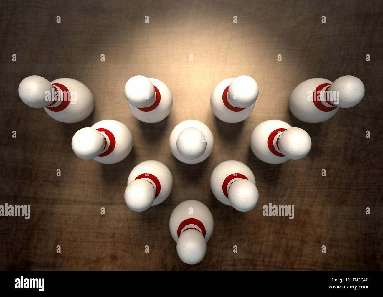 An arrangement of white and red used vintage bowling pins resting on a  wooden bowling alley surface on a dark background Stock Photo - Alamy