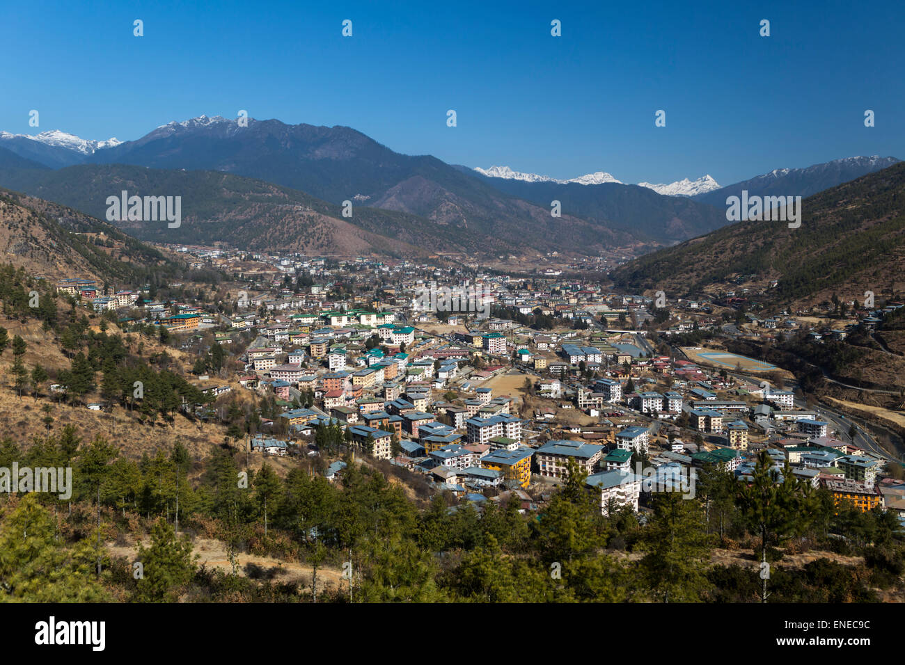 Overall view of Thimphu, Bhutan, Asia, from Buddha Dordenma, with mountains Stock Photo