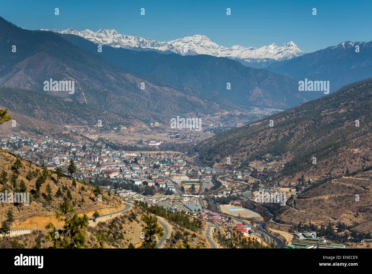 Overall view of Thimphu, Bhutan, Asia, from Buddha Dordenma, with mountains Stock Photo