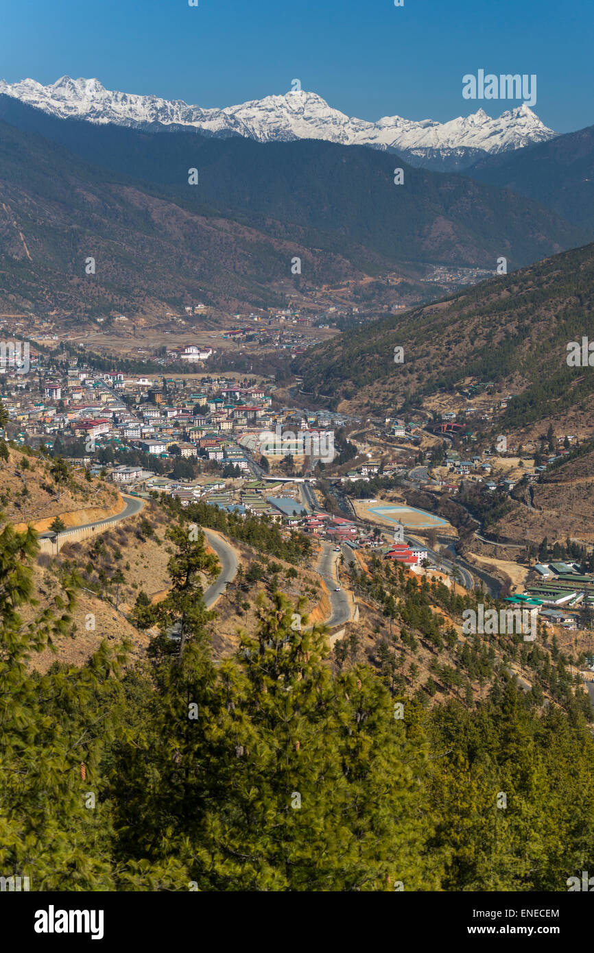 Overall view of Thimphu, Bhutan, Asia, from Buddha Dordenma, with mountains Stock Photo