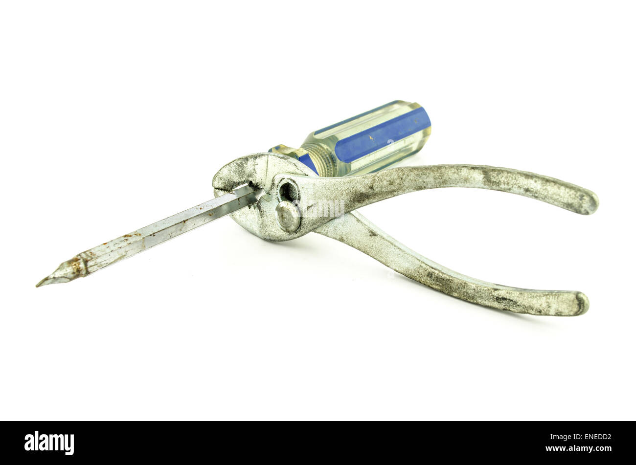 used Wrench pin Screwdriver isolated on white background Stock Photo