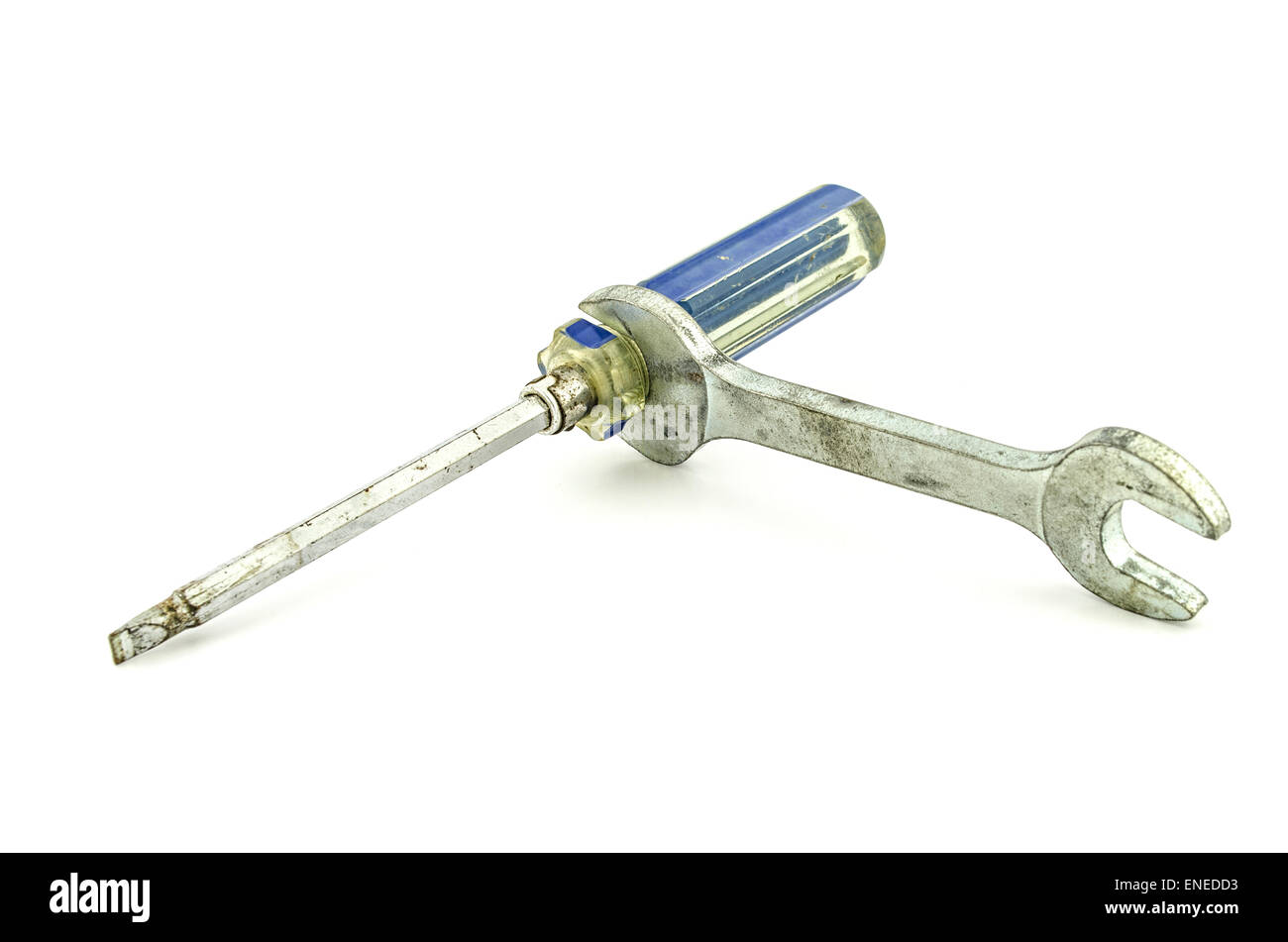 used Wrench cross Screwdriver isolated on white background Stock Photo